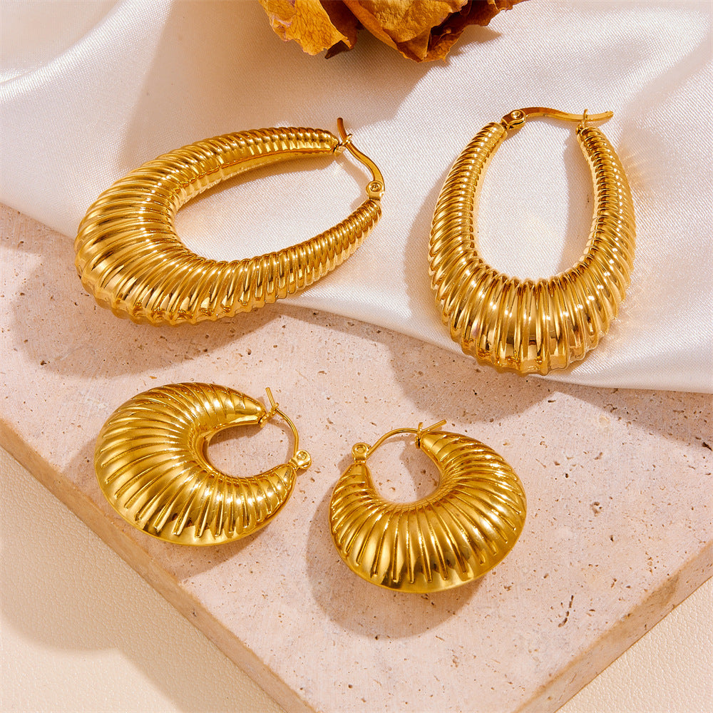 European and American style simple cross-border stainless steel 18K vacuum furnace electroplating thread hollow exaggerated earrings ladies accessories