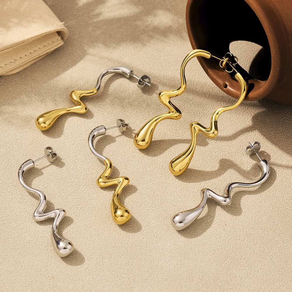 Irregular teardrop color matching earrings European and American cross-border stainless steel plated 18K gold simple glossy hollow earrings