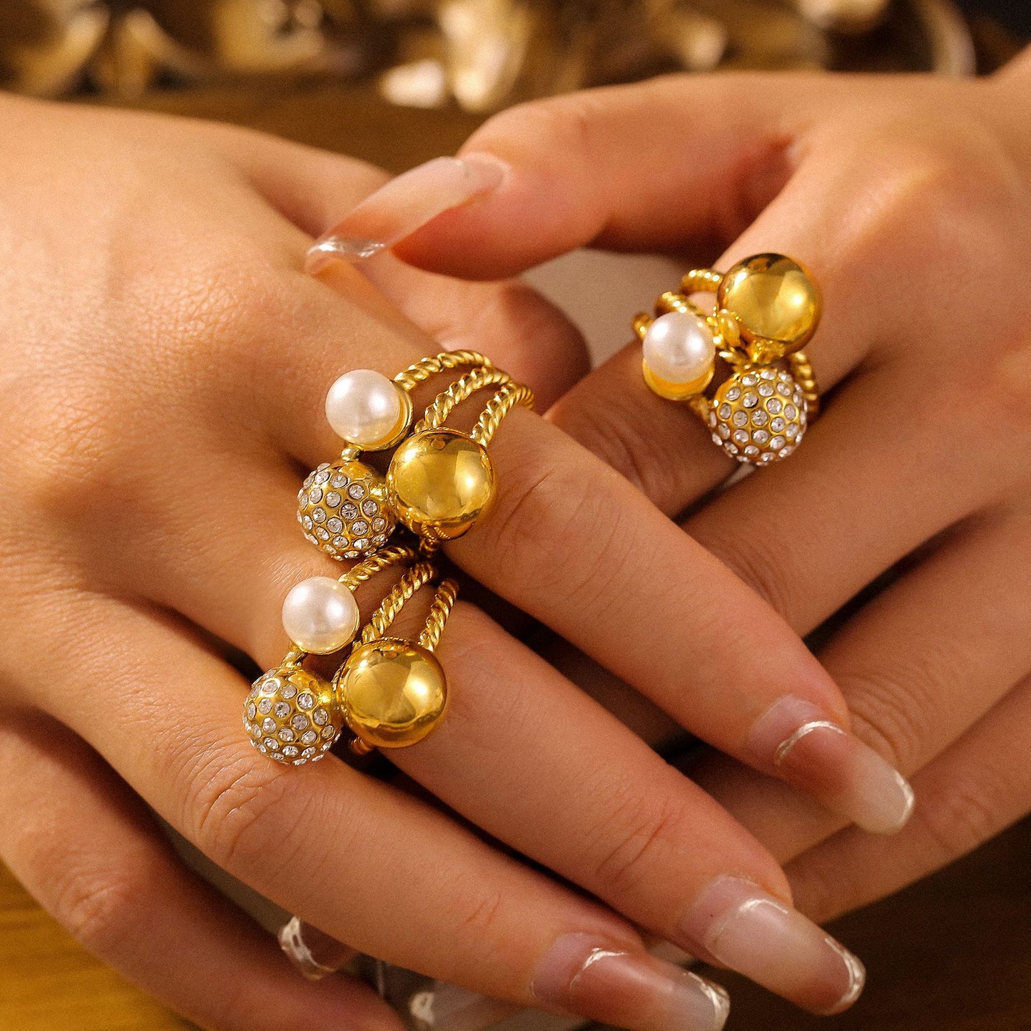 European and American round ball inlaid imitation pearl full diamond ring ins style titanium steel plated 18k gold natural stone stainless steel ring