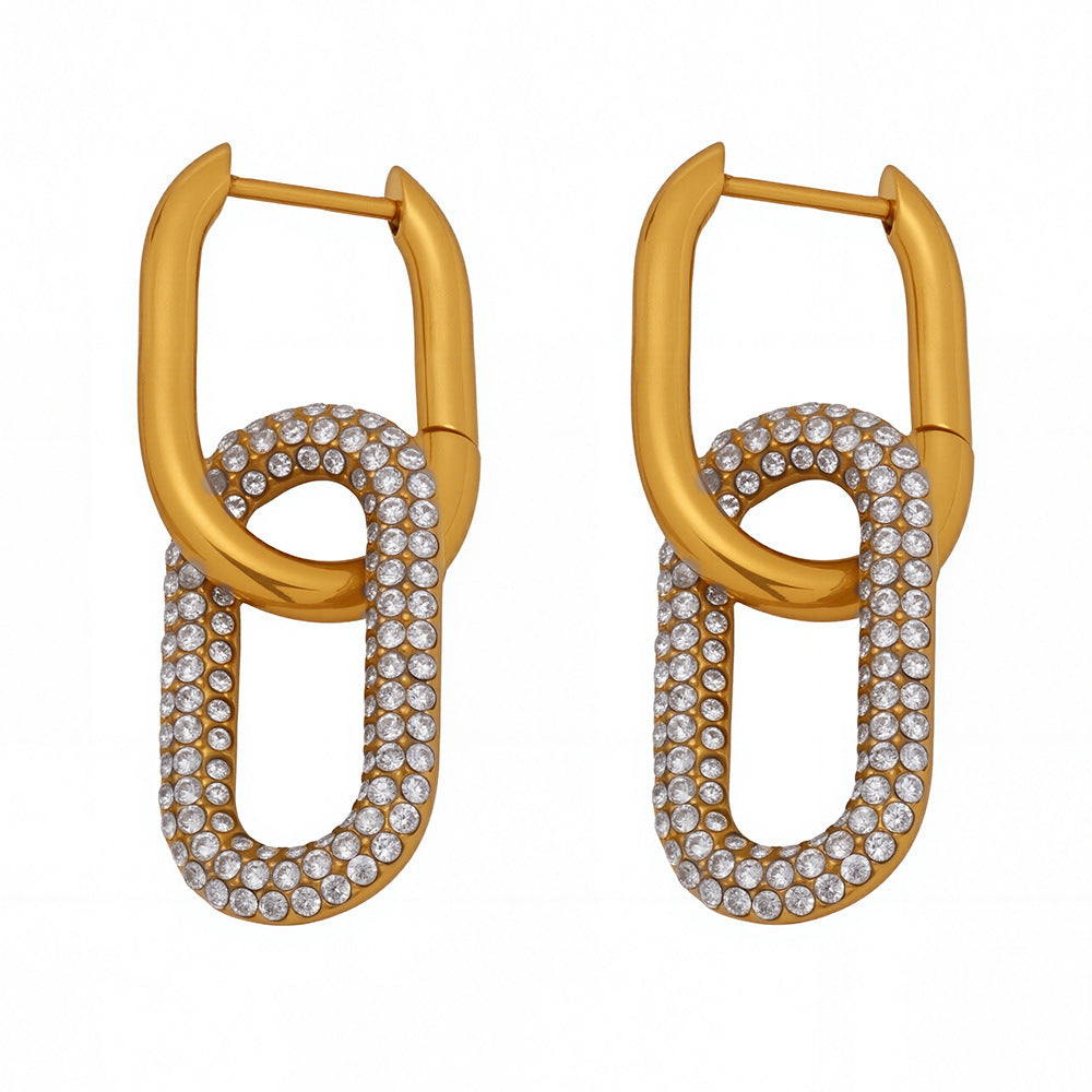 Orecchini ovali con diamanti pieni a forma di zolletta di zucchero, orecchini di lusso in acciaio al titanio, resistenti allo sbiadimento, con temperamento geometrico
