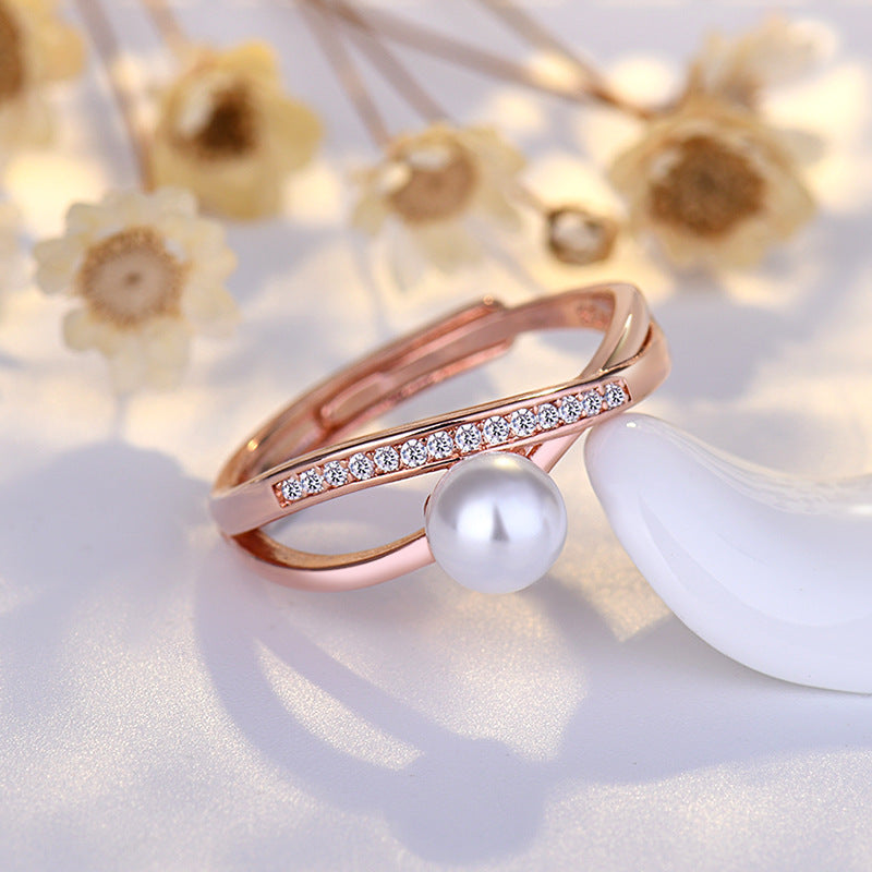 Niche design Korean style personalized high-end titanium steel ring for women, light luxury pearl zircon open ring jewelry.