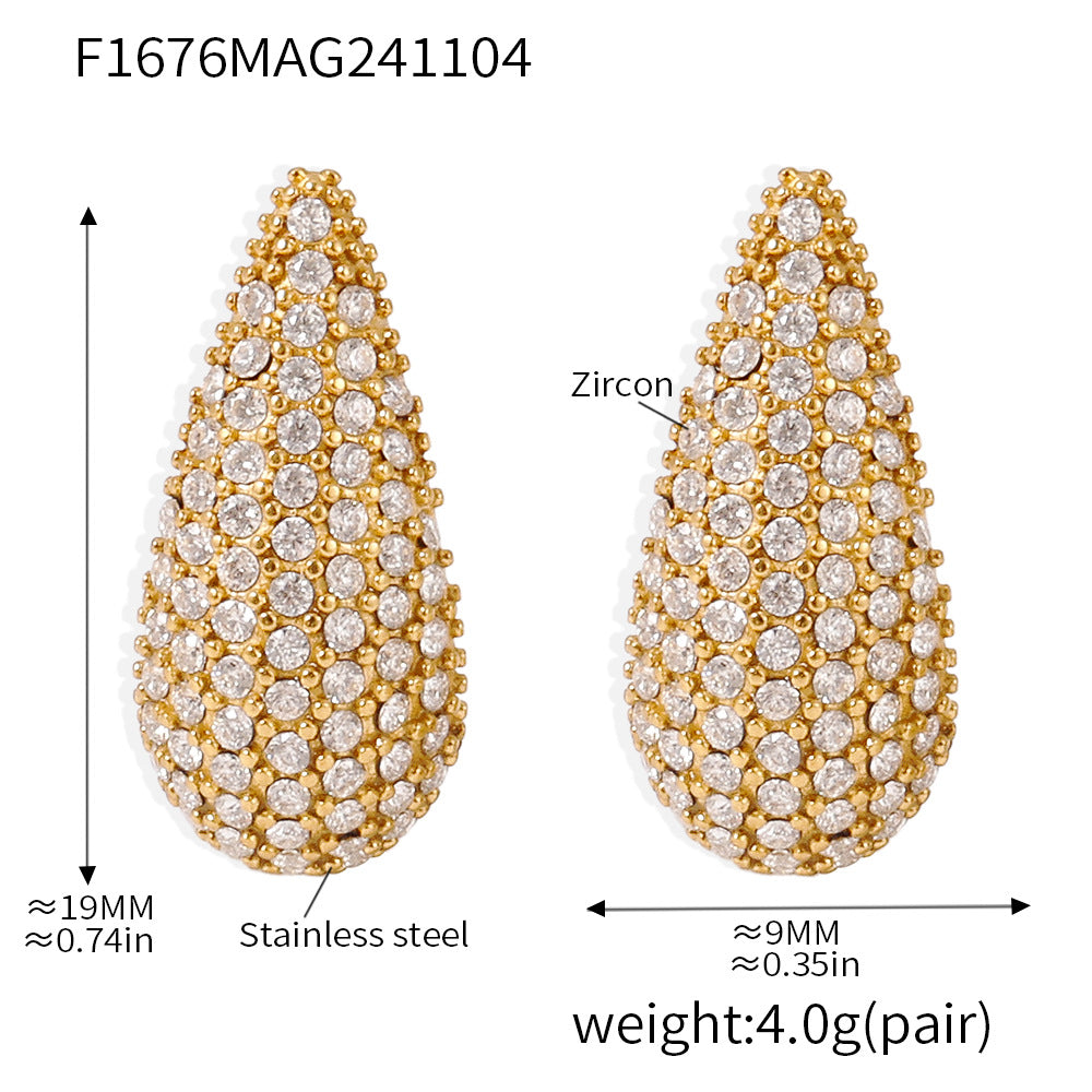 Mixed color zircon full diamond water drop earrings stainless steel PVD plated 18K real gold European and American ins style earrings