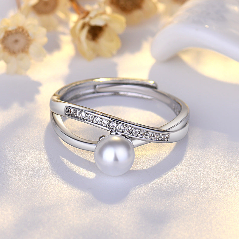 Niche design Korean style personalized high-end titanium steel ring for women, light luxury pearl zircon open ring jewelry.