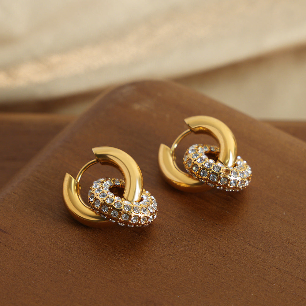 Niche exaggerated geometric double-circle high-end jewelry inlaid with colored diamond ring pendant titanium steel gold-plated earrings