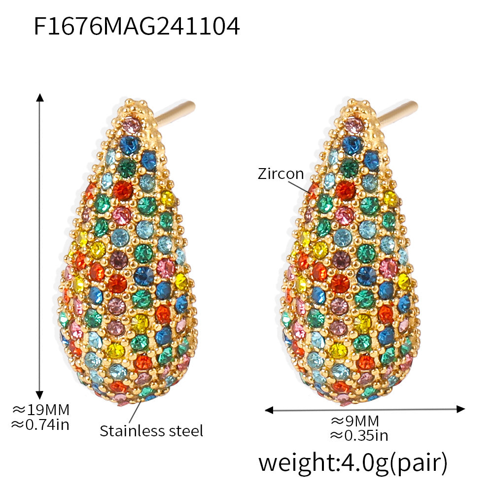 Mixed color zircon full diamond water drop earrings stainless steel PVD plated 18K real gold European and American ins style earrings