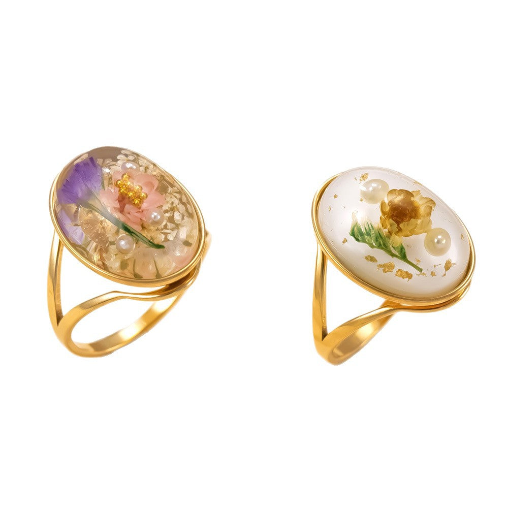 Anello in acciaio inossidabile, anello a forma di fiore conservato in resina epossidica, anello in acciaio al titanio leggero e di lusso di alta gamma per donna