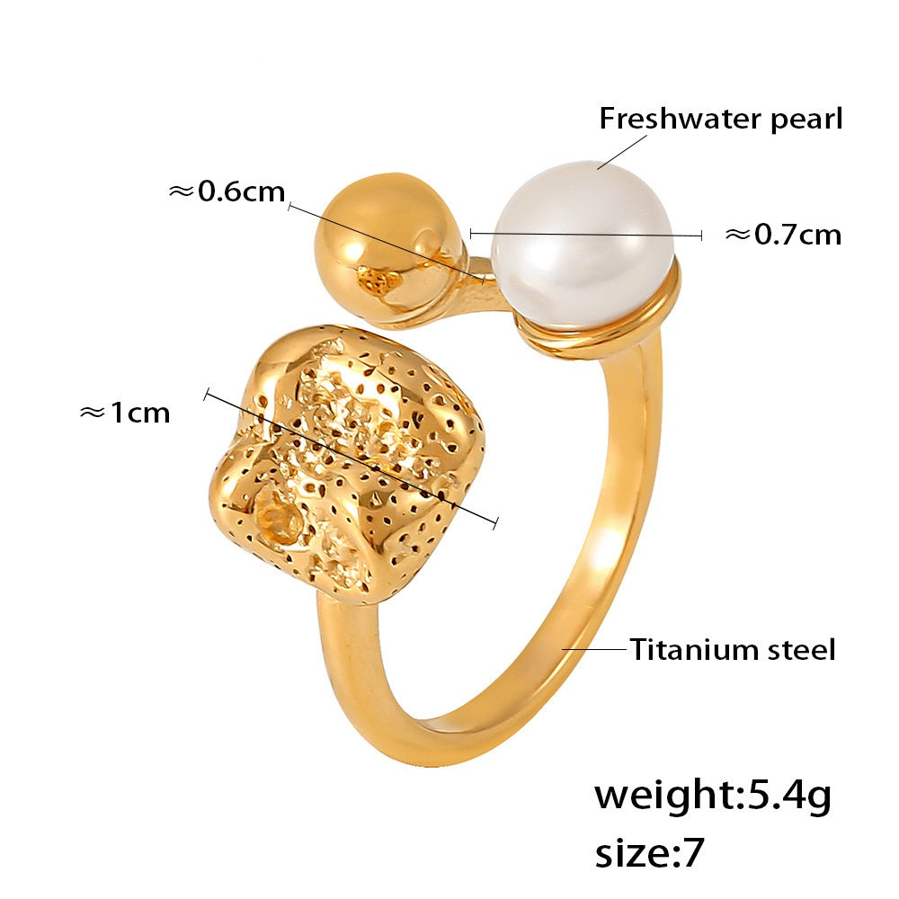 Freshwater pearl spherical hollow special-shaped opening 18K Gold Plated PVD high-grade titanium steel colorfast ring