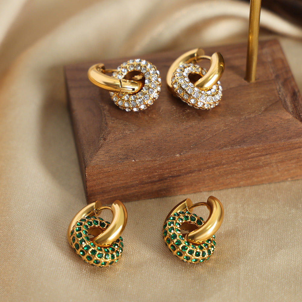 Niche exaggerated geometric double-circle high-end jewelry inlaid with colored diamond ring pendant titanium steel gold-plated earrings