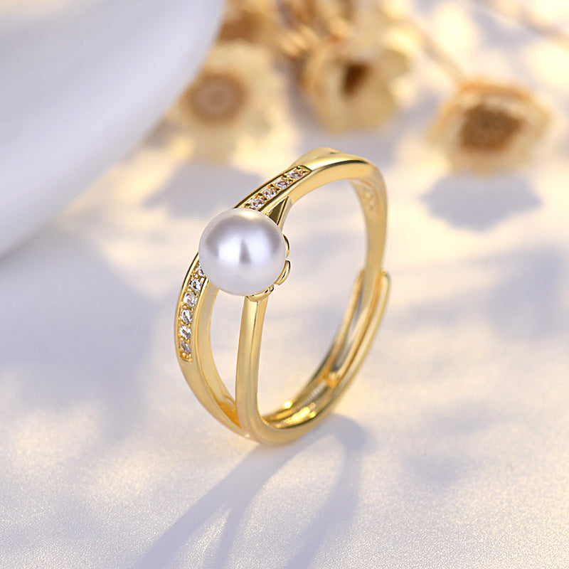 Niche design Korean style personalized high-end titanium steel ring for women, light luxury pearl zircon open ring jewelry.