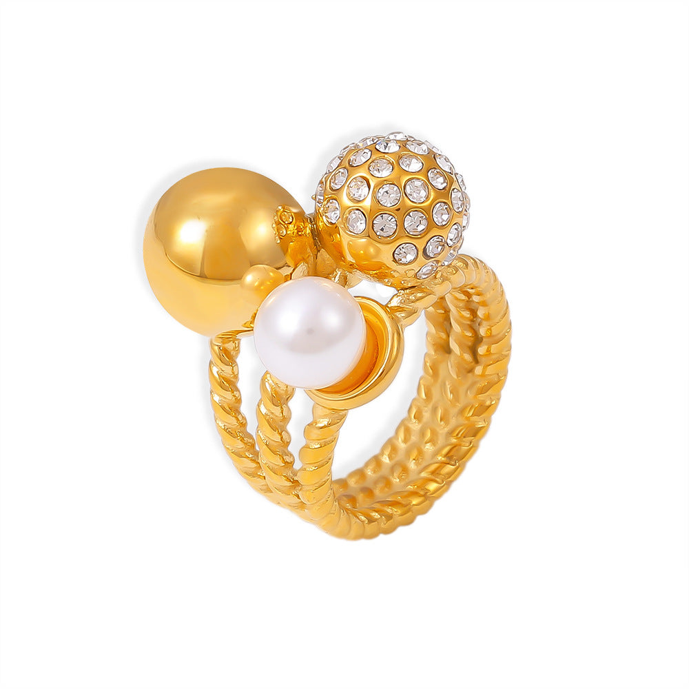 European and American round ball inlaid imitation pearl full diamond ring ins style titanium steel plated 18k gold natural stone stainless steel ring