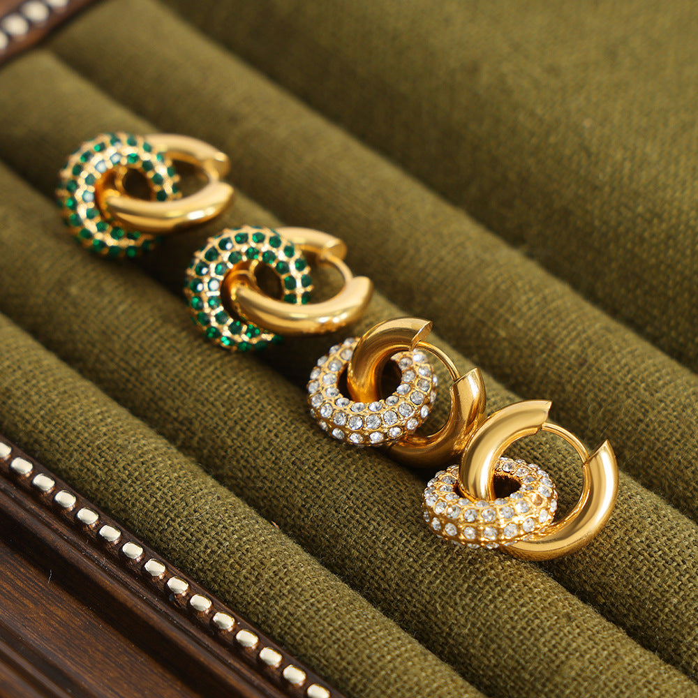 Niche exaggerated geometric double-circle high-end jewelry inlaid with colored diamond ring pendant titanium steel gold-plated earrings