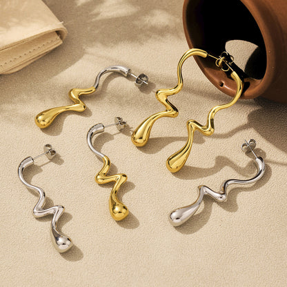 Irregular teardrop color matching earrings European and American cross-border stainless steel plated 18K gold simple glossy hollow earrings