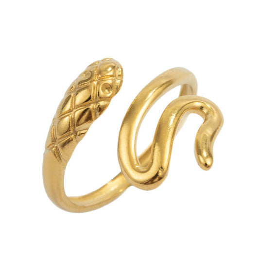 Beautiful fashion stainless steel snake-shaped ring, stylish retro ethnic style 18K gold-plated snake titanium steel ring for women.