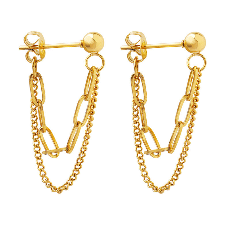 European and American cool ins trend style non-fading tassel double chain earrings titanium steel gold-plated earrings