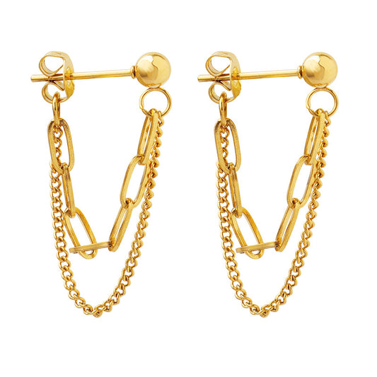 European and American cool ins trend style non-fading tassel double chain earrings titanium steel gold-plated earrings