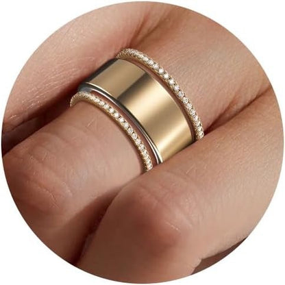 European and American shiny edge diamond ring, simple and luxurious feel, titanium steel plated with 18k real gold, wide version INS style hand accessory.