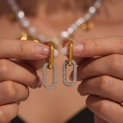Orecchini ovali con diamanti pieni a forma di zolletta di zucchero, orecchini di lusso in acciaio al titanio, resistenti allo sbiadimento, con temperamento geometrico