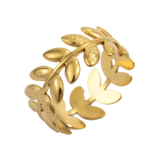 European and American cross-border fashion INS style minimalist stainless steel ring with wheat and leaf hammered texture 18k gold titanium steel ring for women