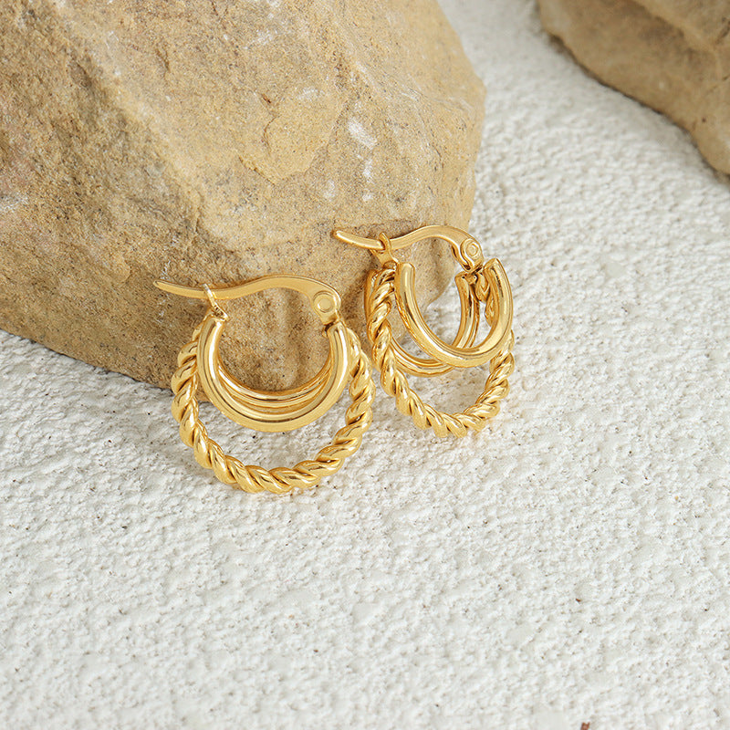 Personality small fresh simple double-layer plain ring combination twist chain design casual style elegant versatile titanium steel earrings