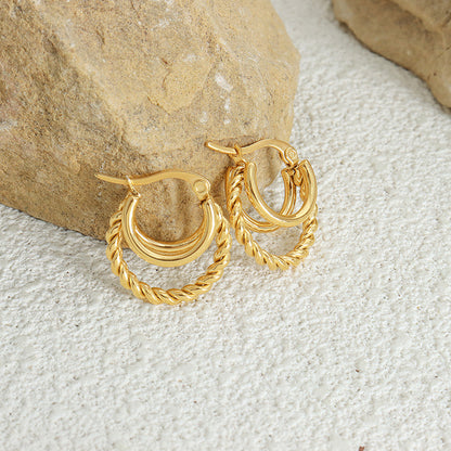 Personality small fresh simple double-layer plain ring combination twist chain design casual style elegant versatile titanium steel earrings