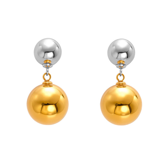 Fashionable round ball earrings with retro design, stainless steel and gold two-tone earrings for women, simple earrings for women