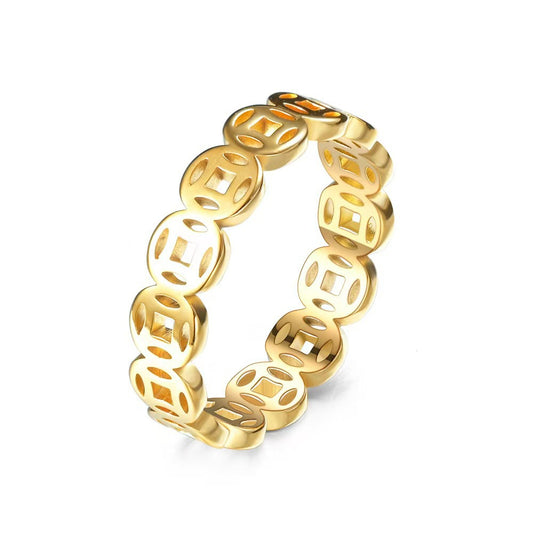 Money string ring, titanium steel band, female fashion accessory, personalized, wealth-attracting, copper coin, plenty of money coins.