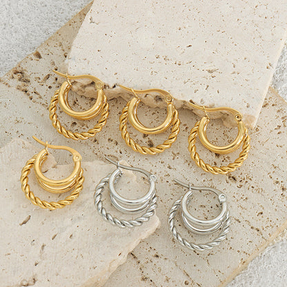 Personality small fresh simple double-layer plain ring combination twist chain design casual style elegant versatile titanium steel earrings