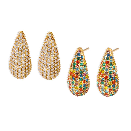 Mixed color zircon full diamond water drop earrings stainless steel PVD plated 18K real gold European and American ins style earrings