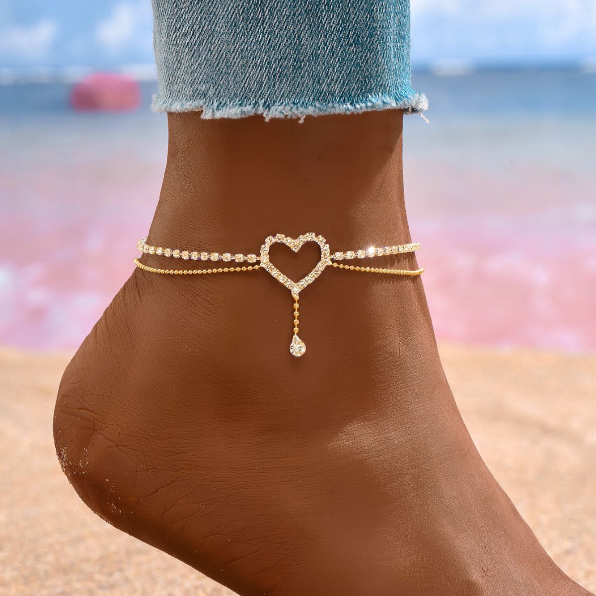 Stainless steel heart-shaped shiny handmade ankle for girl