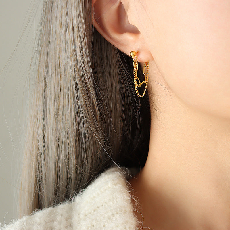 European and American cool ins trend style non-fading tassel double chain earrings titanium steel gold-plated earrings