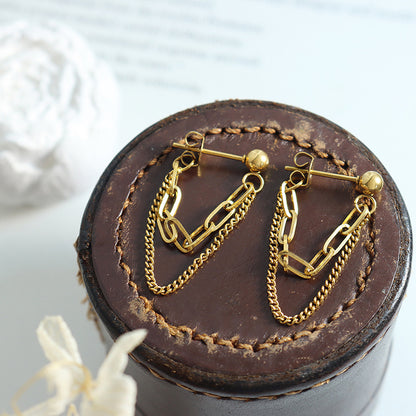 European and American cool ins trend style non-fading tassel double chain earrings titanium steel gold-plated earrings