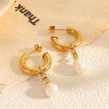Fashionable niche light luxury temperament pearl earrings stainless steel plated 18K zircon pearl pendant earrings