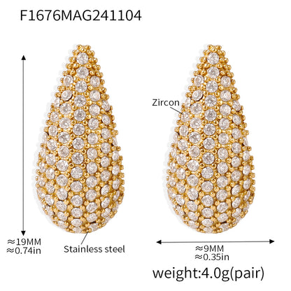 Mixed color zircon full diamond water drop earrings stainless steel PVD plated 18K real gold European and American ins style earrings