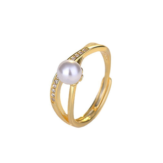 Niche design Korean style personalized high-end titanium steel ring for women, light luxury pearl zircon open ring jewelry.