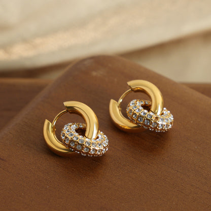 Niche exaggerated geometric double-circle high-end jewelry inlaid with colored diamond ring pendant titanium steel gold-plated earrings