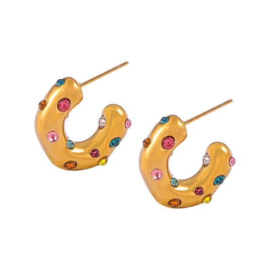 European and American cross-border hot-selling titanium steel gold-plated imitation pearl zircon inlaid C-shaped earrings that do not fade, elegant and personalized earrings