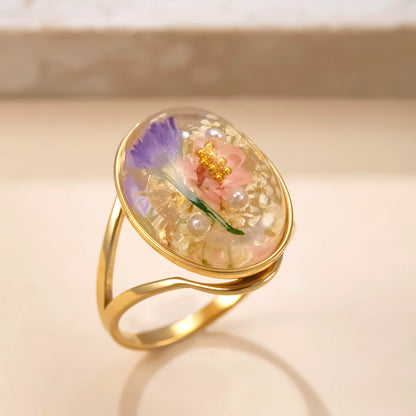 Anello in acciaio inossidabile, anello a forma di fiore conservato in resina epossidica, anello in acciaio al titanio leggero e di lusso di alta gamma per donna