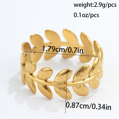 European and American cross-border fashion INS style minimalist stainless steel ring with wheat and leaf hammered texture 18k gold titanium steel ring for women
