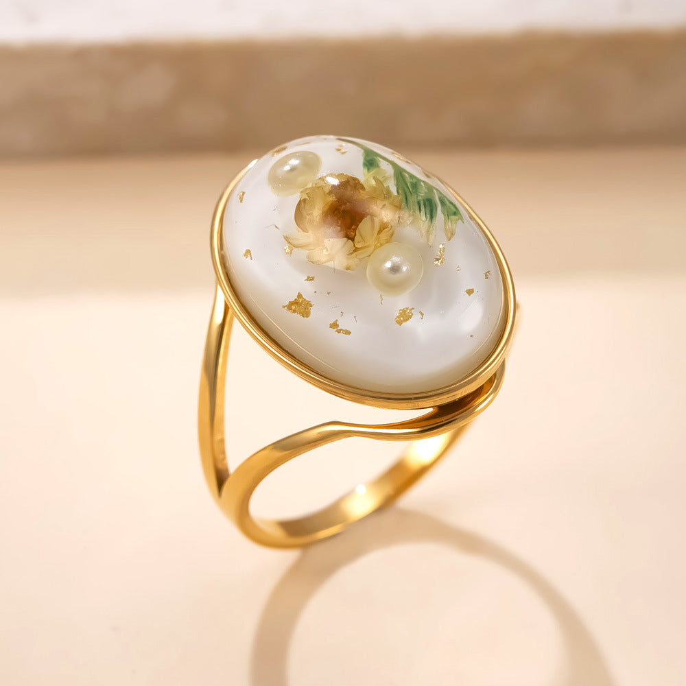 Anello in acciaio inossidabile, anello a forma di fiore conservato in resina epossidica, anello in acciaio al titanio leggero e di lusso di alta gamma per donna
