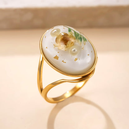 Anello in acciaio inossidabile, anello a forma di fiore conservato in resina epossidica, anello in acciaio al titanio leggero e di lusso di alta gamma per donna