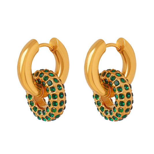 Niche exaggerated geometric double-circle high-end jewelry inlaid with colored diamond ring pendant titanium steel gold-plated earrings
