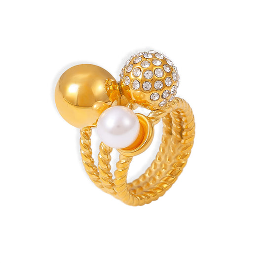 European and American round ball inlaid imitation pearl full diamond ring ins style titanium steel plated 18k gold natural stone stainless steel ring