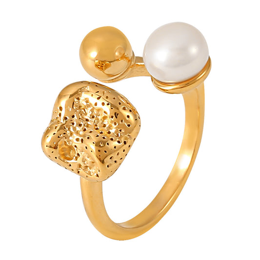 Freshwater pearl spherical hollow special-shaped opening 18K Gold Plated PVD high-grade titanium steel colorfast ring