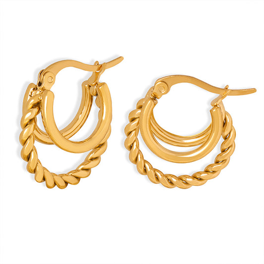 Personality small fresh simple double-layer plain ring combination twist chain design casual style elegant versatile titanium steel earrings