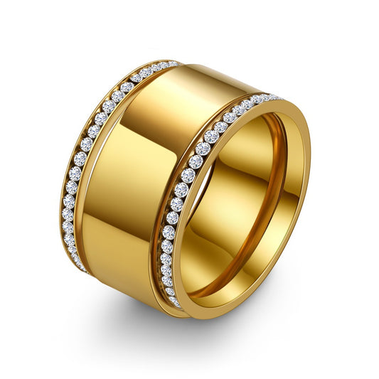 European and American shiny edge diamond ring, simple and luxurious feel, titanium steel plated with 18k real gold, wide version INS style hand accessory.